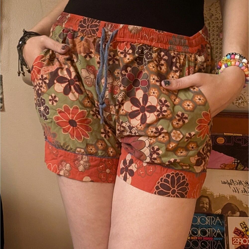 Powder UK Floral Drawstring Shorts Women's Small Orange Green